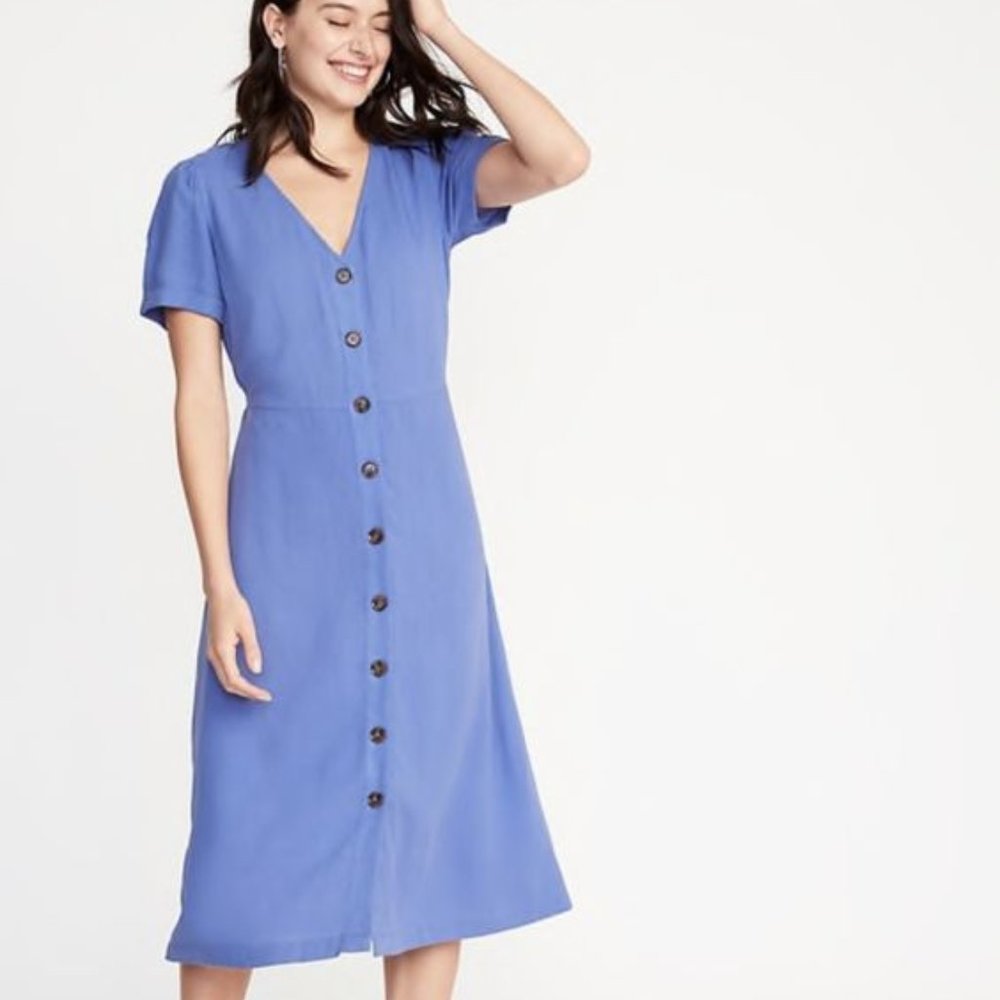 Button-Front Linen-Blend Fit & Flare Midi Dress